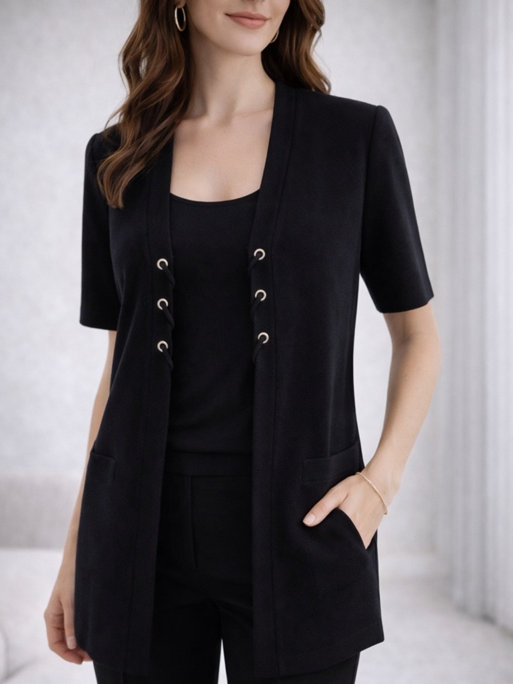 St John Collection Santana Knit Jacket Black Short Sleeve Blazer Cardigan Sz 4